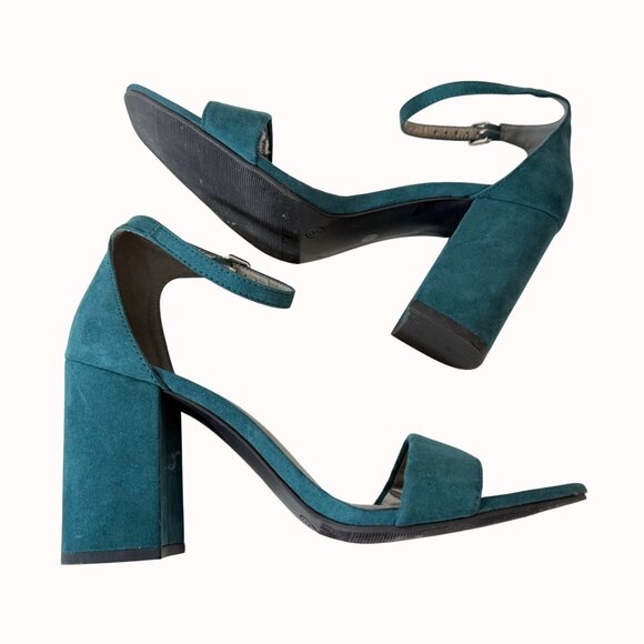 Worthington Teal Block Heel Sandals 9M Open Toe Ankle Strap Suede Dress Shoes - Picture 7 of 16
